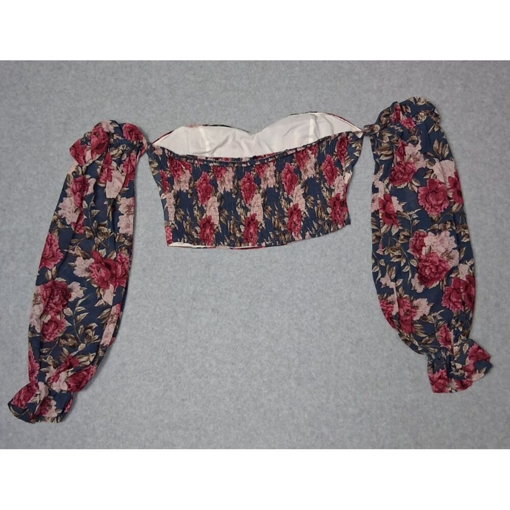 Babydoll Cropped Off The Shoulder Balloon Sleeve Blouse Small Floral Coquette - Picture 12 of 14